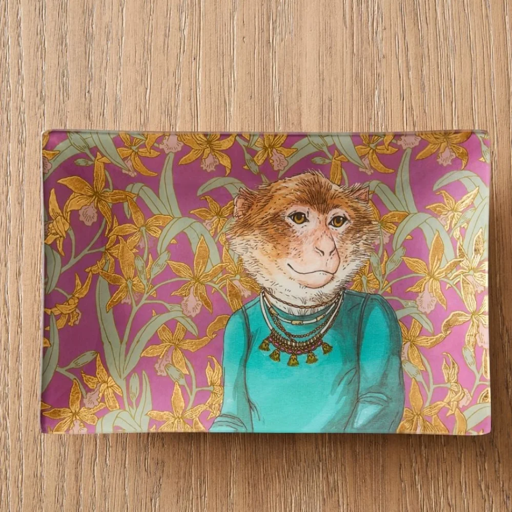 West Elm Dapper Decoupage Monkey Glass Rectangle Trinket Dish